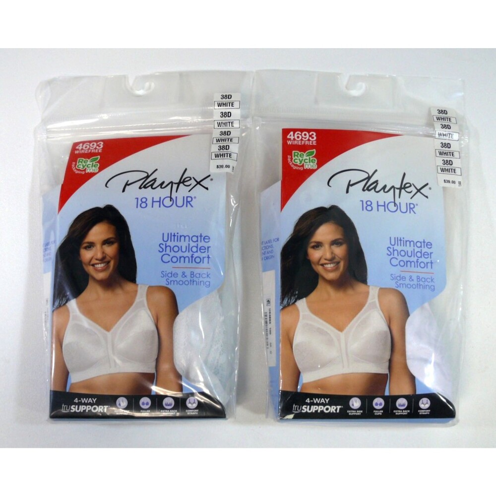 NEW 2-Playtex 18 Hour Bra 38D white 4693 shoulder comfort wire free